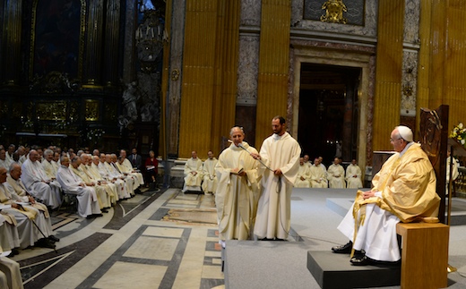 Fr General Adolfo Nicolas welcomes Pope Francis at Ignatius' Feast day mass