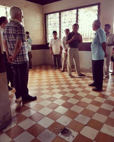 Fr General Arturo Sosa SJ is shown the room where Richie Fernando was killed. The hole left by the grenade remains as a permanent reminder of Fernando’s sacrifice. Fr General Arturo Sosa SJ is shown the room where Richie Fernando was killed. The hole left by the grenade remains as a permanent reminder of Fernando’s sacrifice.